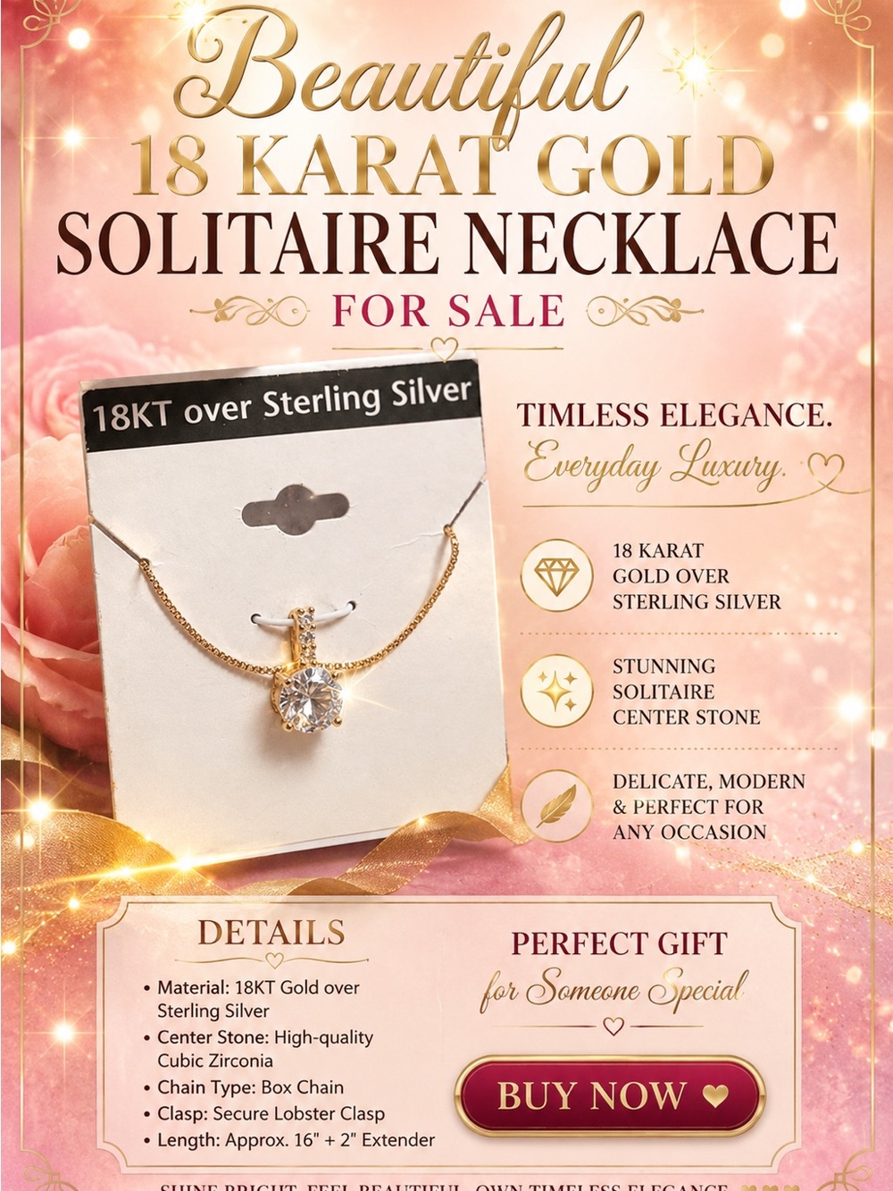18K Gold/Silver Solitaire Necklace with Clear CZ Pendant - Elegant •*¨*•.¸¸☆*